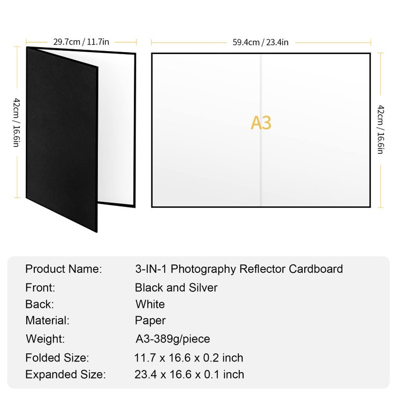 Meking 3 in 1 Photography Reflector Cardboard, 17"x12"/42x30cm A3 Folding Light Diffuser Board for Still Life, Product and Food Photo Shooting - Black, Silver and White - Image 4